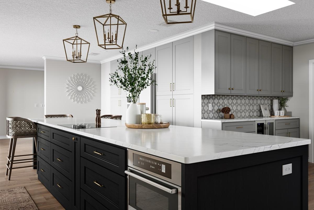 Two-tone kitchen with black island and grey shaker uppers